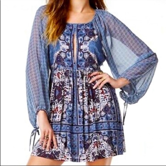 Free People Oksana Blue Ethnic Balloon Sleeve Mini Keyhole Dress Size 2 - Picture 1 of 12